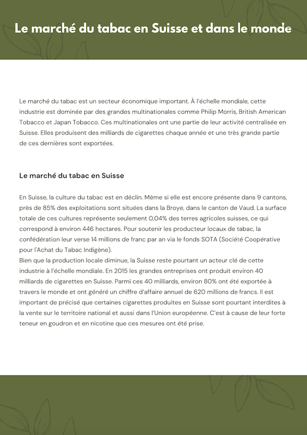 marché du tabac en Suisse et à l'internationale
